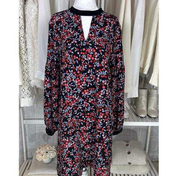 Loft Women's Size M Velvet Trim Berry Print Long Sleeve Shift Dress #0592 - Picture 1 of 12